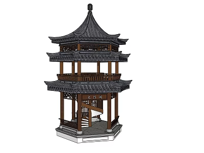 Traditional Chinese Multi story Pavilion With Curved Eaves In Garden Landscape 3d model