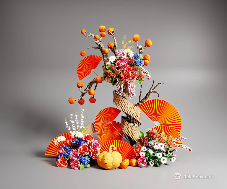 Artistic Floral Display with Orange Fans Pumpkin Fruit Branches and Colorful Blooms 3d model 
