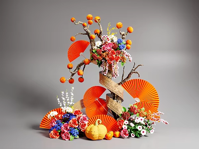 Artistic Floral Display with Orange Fans Pumpkin Fruit Branches and Colorful Blooms 3d model