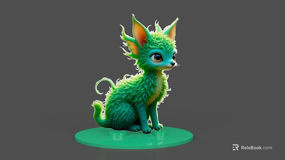 Fluffy Green Game and Movie Character With Big Ears Curly Tail Sitting On Green Base 3d model 