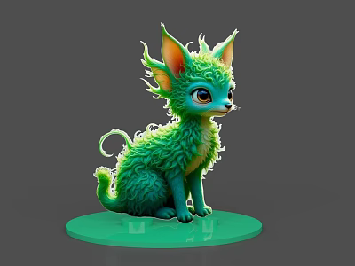 Fluffy Green Game and Movie Character With Big Ears Curly Tail Sitting On Green Base 3d model