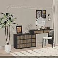 Black Rattan Lattice Vanity Table With Mirror Makeup Items Chair Plant Framed Art And Rug