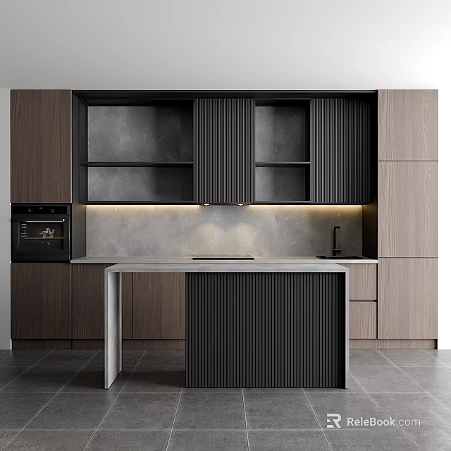 Modern Kitchen With Dark Wood And Matte Black Cabinets Central Island Counter And Gray Backsplash 3d model 
