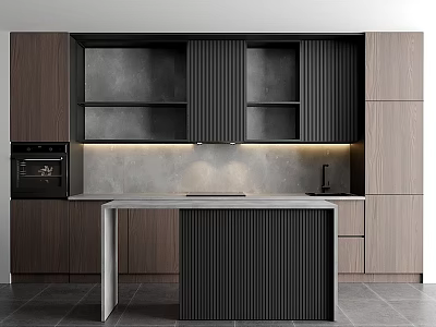 Modern Kitchen With Dark Wood And Matte Black Cabinets Central Island Counter And Gray Backsplash 3d model
