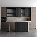 Modern Kitchen With Dark Wood And Matte Black Cabinets Central Island Counter And Gray Backsplash