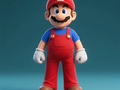 Man In Red Overalls And Blue Shirt With Red Hat White Gloves And Brown Shoes 3d model