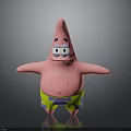 Pink Star Shaped Cartoon Character With Yellow Purple Spotted Shorts And Outstretched Arms