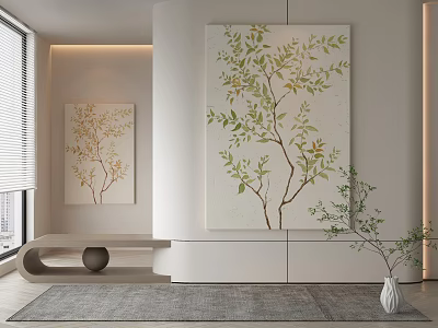 Botanical Tree Paintings In Modern Minimalist Interior With Decor Plant 3d model