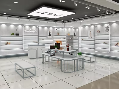Modern Shoe Retail Store in Mall with White Walls Display Shelves and Lighting 3d model
