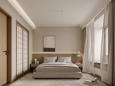 Modern Bedroom Interior Design With Upholstered Headboard Comfortable Bed Artwork And White Curtains 3d model