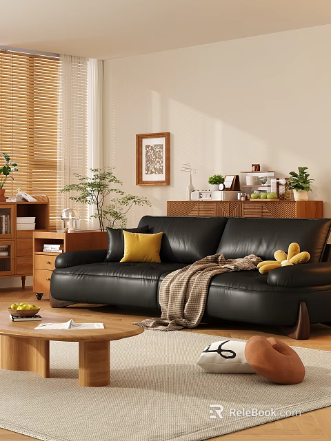 Black Leather Sofa Coffee Table Combination With Yellow Cushion Blanket And Plants In Natural Light 3d model 