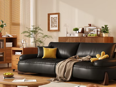 Black Leather Sofa Coffee Table Combination With Yellow Cushion Blanket And Plants In Natural Light 3d model