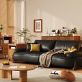 Black Leather Sofa Coffee Table Combination With Yellow Cushion Blanket And Plants In Natural Light