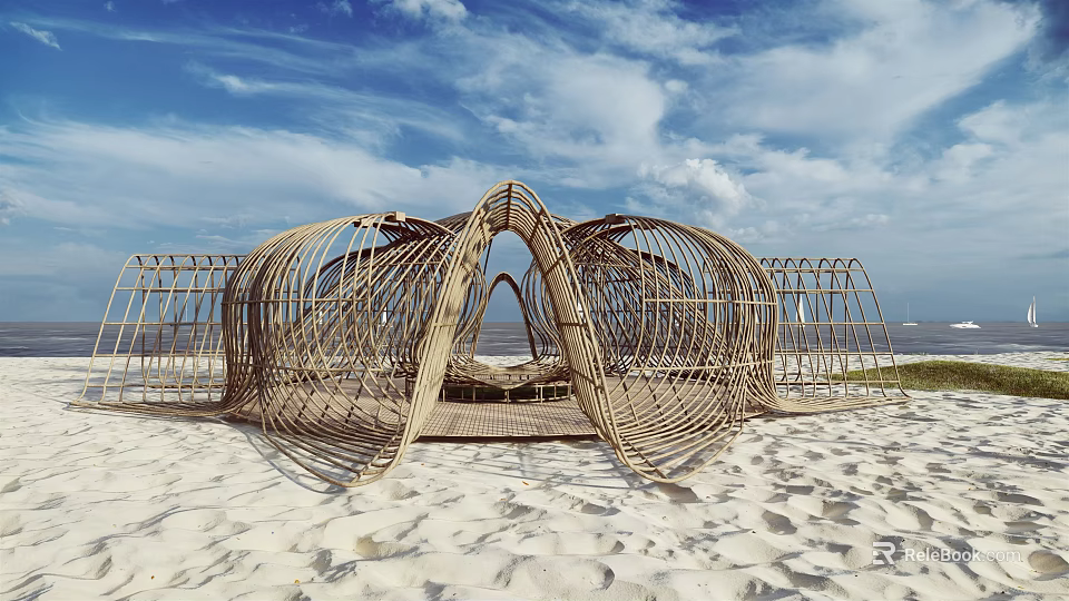 Woven Outdoor Chair on Beach with Unique Structure Blue Sky and White Clouds 3d model 