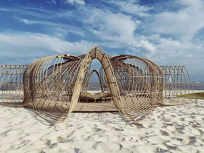 Woven Outdoor Chair on Beach with Unique Structure Blue Sky and White Clouds 3d model