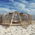 Woven Outdoor Chair on Beach with Unique Structure Blue Sky and White Clouds
