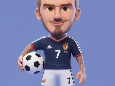Cartoon Man in Dark Blue Number 7 Football Jersey Holding Soccer Ball on Blue Background 3d model