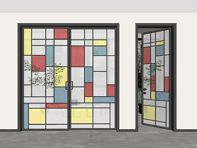 Modern Colorful Glass Sliding Doors With Geometric Pattern And Black Frame 3d model