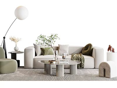 White Sofa and Glass Coffee Table Set with Pillows Green Armchair Floor Lamp and Plants 3d model