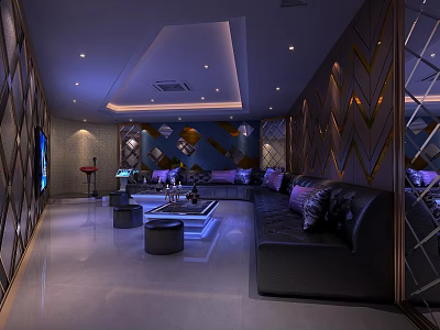 Luxury KTV Interior Design With Black Leather Sofas Coffee Table And Decorative Walls 3d model