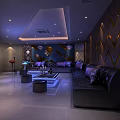 Luxury KTV Interior Design With Black Leather Sofas Coffee Table And Decorative Walls