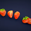 Fresh Red Strawberries With Green Leaves Whole And Sliced On Dark Blue Background