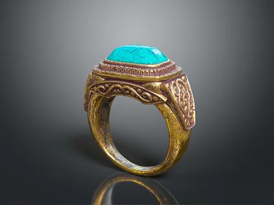 Elegant Vintage Gold Ring Featuring Blue Gemstone And Intricate Carved Patterns 3d model
