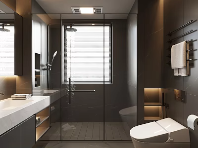 Modern Bathroom Interior Design With Glass Shower Toilet Marble Vanity And Recessed Lighting 3d model