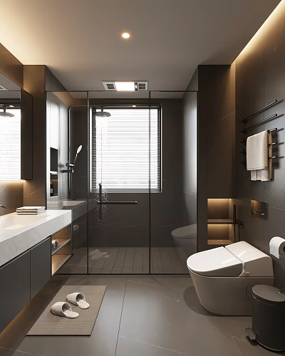 Modern Bathroom Interior Design With Glass Shower Toilet Marble Vanity And Recessed Lighting 3d model