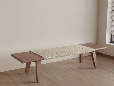 Modern Wooden Bench With Speckled Stone Seat And Slim Wooden Legs Design 3d model