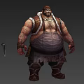 Muscular Bearded Man In Fur Lined Vest And Tattered Bloodstained Apron Holding Cleaver