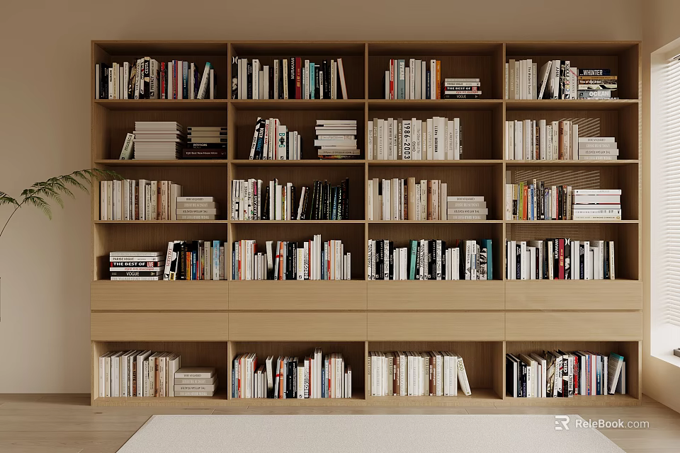 Modern Wooden Bookcase with Multi-tiered Shelves Filled with Books and a Plant in Minimalist Interior 3d model 