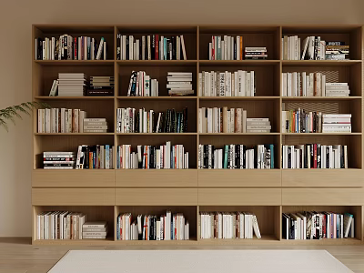 Modern Wooden Bookcase with Multi-tiered Shelves Filled with Books and a Plant in Minimalist Interior 3d model