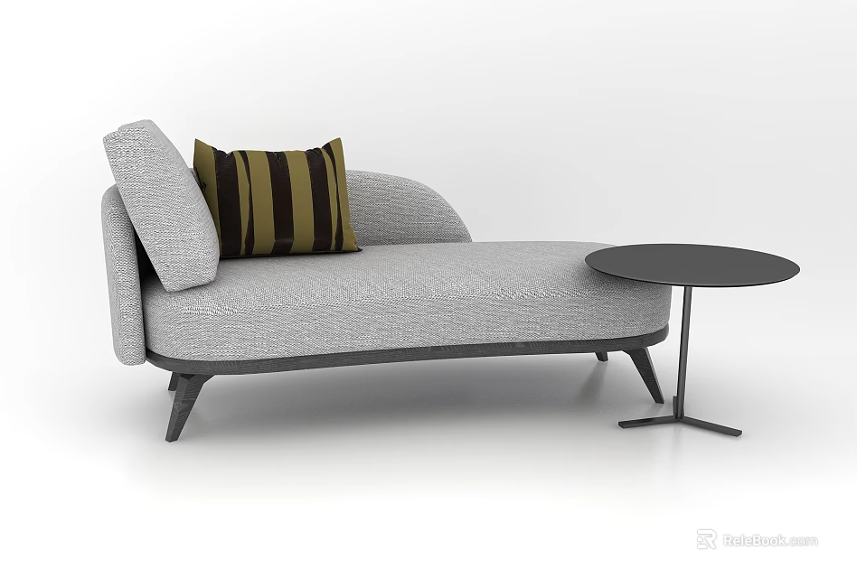 Modern Gray Chaise Lounge With Striped Pillow And Round Side Table Design 3d model 