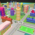 Cartoon City Landscape With Colorful Buildings Various Shaped Skyscrapers And Green Lawns