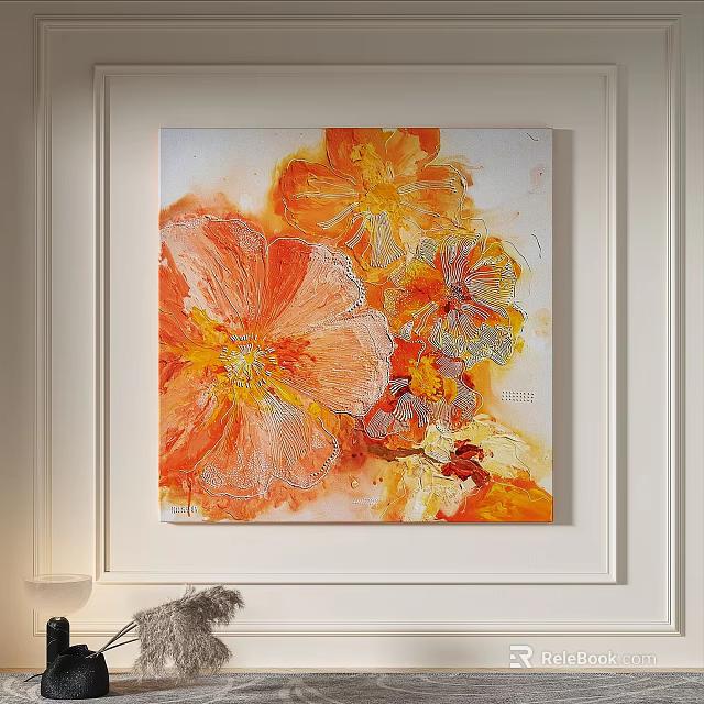 Vibrant Abstract Oil Painting With Blooming Orange Yellow Flowers For Wall Decor 3d model 