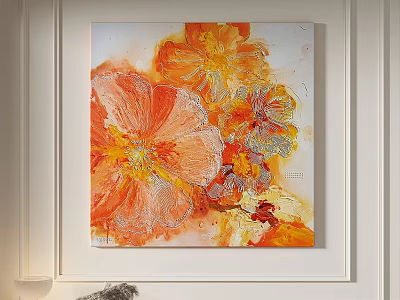 Vibrant Abstract Oil Painting With Blooming Orange Yellow Flowers For Wall Decor 3d model