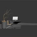Modern Curved Reception Desk With Laptop Chair And Decorative Plant On Reflective Floor