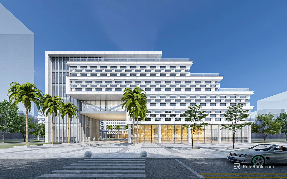 Modern Office Building with Glass Entrance Grid Facade and Landscaped Square with Palm Trees 3d model 