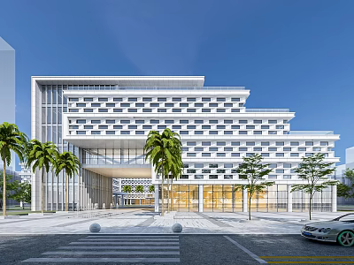 Modern Office Building with Glass Entrance Grid Facade and Landscaped Square with Palm Trees 3d model