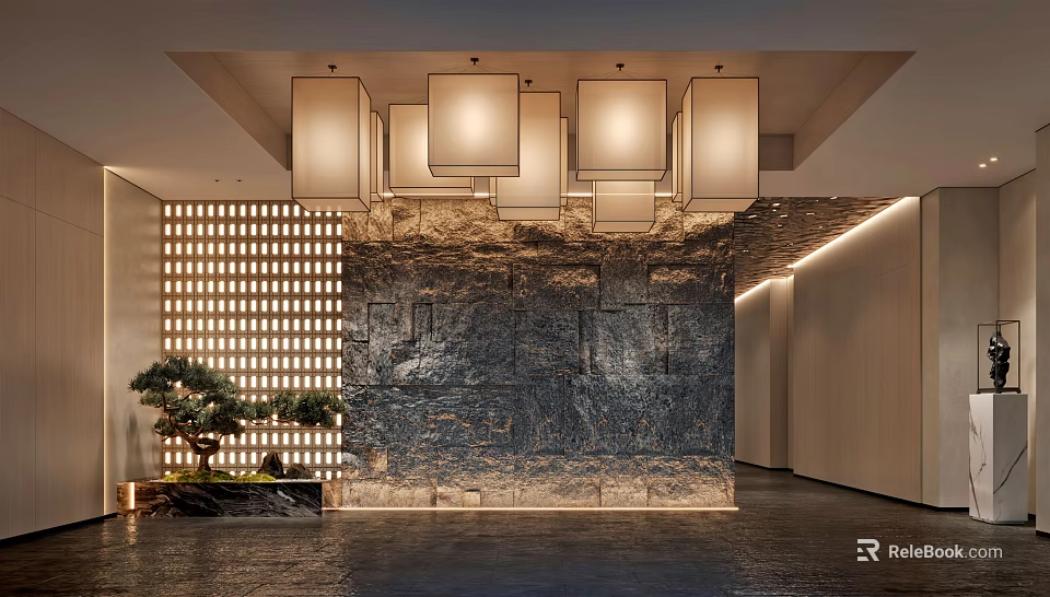 Modern Front Desk Reception Interior With Textured Stone Wall Hanging Lamps And Potted Trees 3d model 