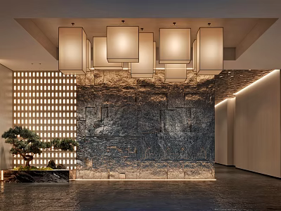 Modern Front Desk Reception Interior With Textured Stone Wall Hanging Lamps And Potted Trees 3d model