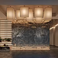 Modern Front Desk Reception Interior With Textured Stone Wall Hanging Lamps And Potted Trees