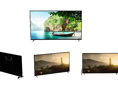 Curved TV Displaying Scenic Lake View With Boat Mountain And Green Trees 3d model
