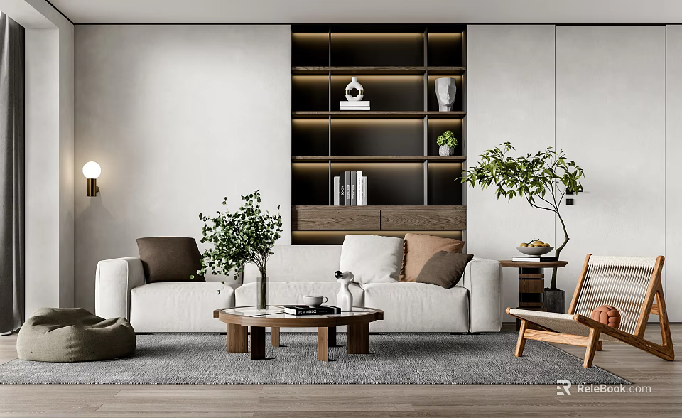 White Sofa And Wooden Coffee Table Set With Pillows Green Plants Shelves And Lighting 3d model 