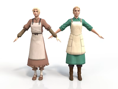 Two Women In Different Colored Tops With Beige Aprons Standing Pose 3d model