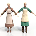 Two Women In Different Colored Tops With Beige Aprons Standing Pose