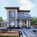 Two Story Modern Detached Villa With Balcony Courtyard Water Feature Outdoor Seating And Lush Trees