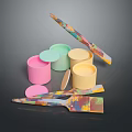 Colorful Containers With Lids And Patterned Spatulas On Dark Background 3d model