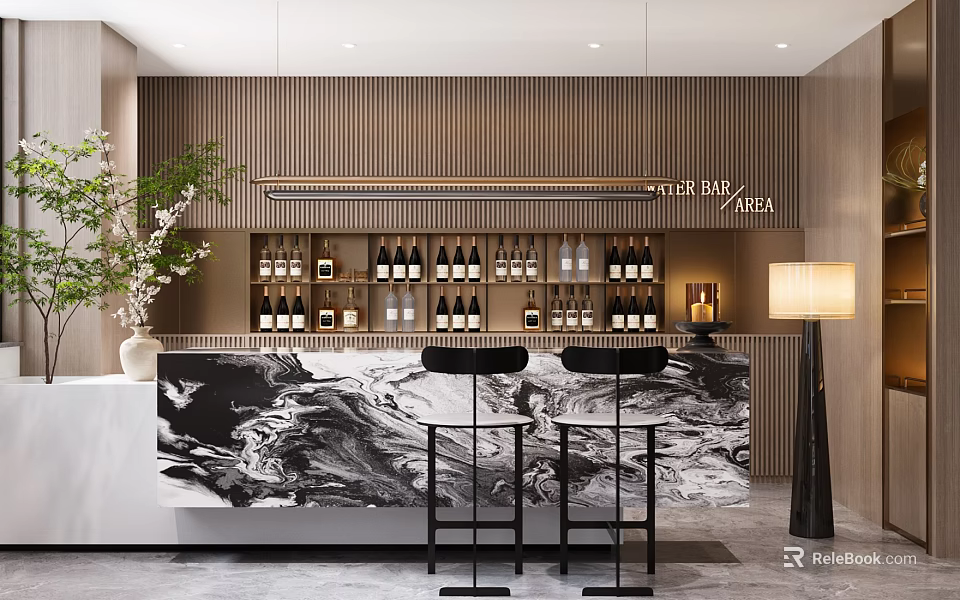 Modern Sales Office Reception Area With Marble Counter Black Bar Stools And Decorative Plants 3d model 